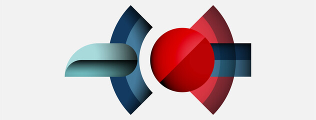Aufkleber - Abstract design features curved shapes, red sphere, blue hues, gray tones. Minimalist composition, clean lines, modern aesthetic.