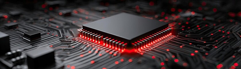 Aufkleber - Adaptive chip and programmable integration concept. Close-up view of a microchip with glowing red lights.