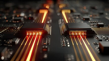 Aufkleber - Adaptive chip and programmable integration concept. Close-up of a circuit board with glowing connections and chips.