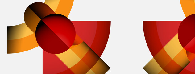 Poster - Abstract composition features overlapping geometric shapes. Red, orange, yellow hues dominate white background. Modern design elements present.