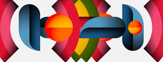 Poster - Abstract geometric shapes, vibrant colors, symmetrical design. Composition features overlapping forms, creating dynamic visual effect.