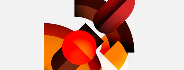 Poster - Abstract composition features geometric shapes, warm colors. Red, orange, brown dominate white background. Modern design, simple forms.