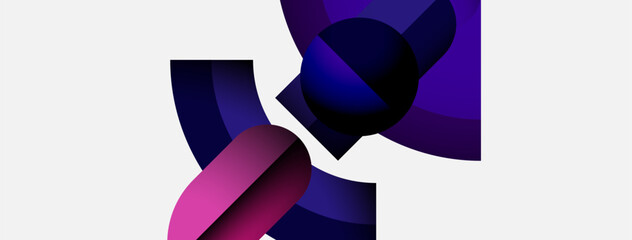 Poster - Abstract shapes overlap, creating dynamic composition. Purple, blue hues dominate white background. Modern design, gradient effects present.