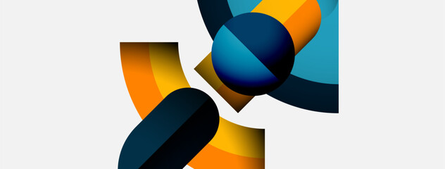 Poster - Abstract geometric shapes overlap, creating vibrant color contrasts. Orange, teal, navy dominate composition. Minimalist design, modern aesthetic.