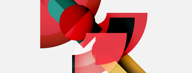 Poster - Abstract geometric shapes overlap, creating dynamic composition. Red dominates, accented by teal, yellow, brown hues. Minimalist design.