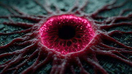 Poster - Cortex processor supports neuron activation process concept. A vibrant, detailed close-up of a glowing pink cellular structure.