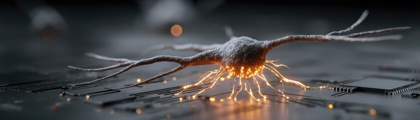 Aufkleber - Cortex processor supports neuron activation process concept. Close-up of a futuristic circuit with glowing elements.