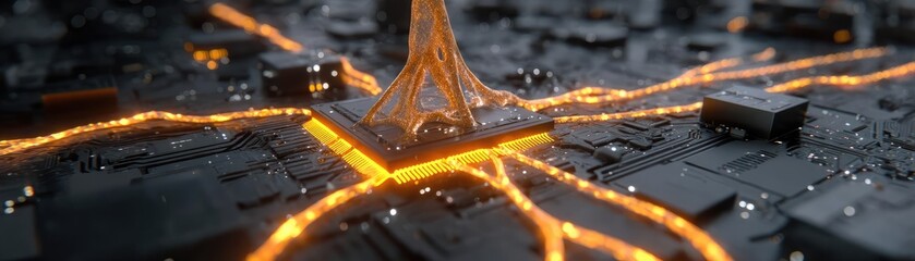 Aufkleber - Cortex processor supports neuron activation process concept. Futuristic cityscape with glowing pathways and vibrant structures.