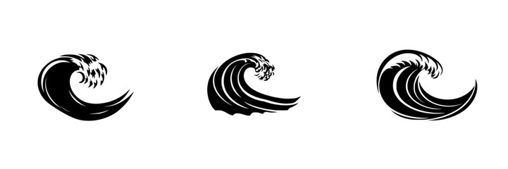 Poster - Silhouette pictograms representing dynamic ocean waves in various styles for design and illustration purposes