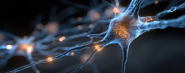 Poster - Cortex processor supports neuron activation process concept. Close-up view of neural connections with glowing synapses.