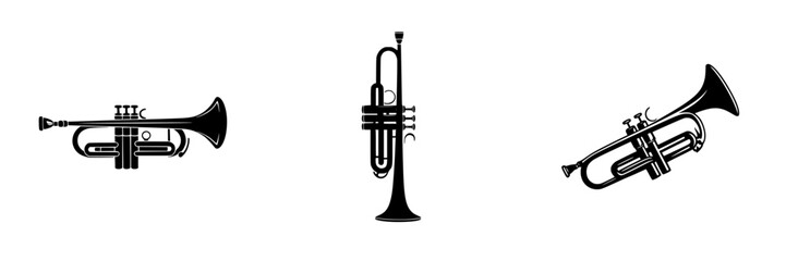 Poster - Instruments set featuring silhouettes of trumpets on a clean white background for musical design and education purposes