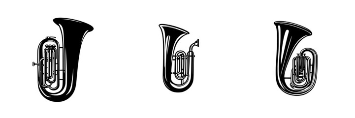Poster - Silhouette pictogram set showcasing three different tuba designs illustrating variety in instrument shapes and details in music representation