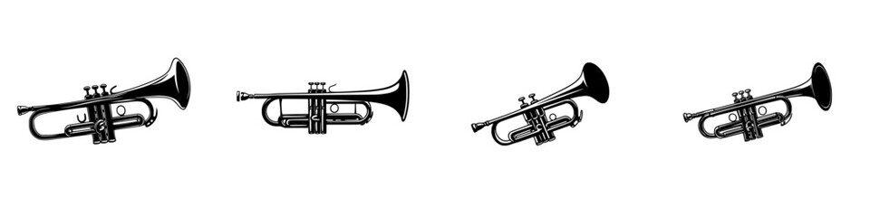 Poster - Silhouette pictogram set featuring four isolated trumpet icons in various orientations for artistic and design applications