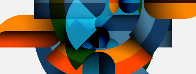 Aufkleber - Abstract geometric composition. Shapes overlap, creating dynamic visual interest. Colors include blue, orange, green, black, white.