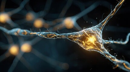 Aufkleber - Neuro logic for adaptive neuron and biological concept. Close-up of a neuron with glowing synapse connections.