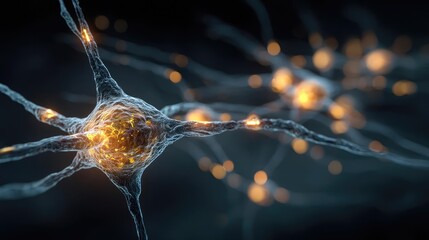 Poster - Neuro logic for adaptive neuron and biological concept. Close-up view of glowing neural cells signaling in the brain.