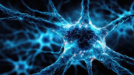 Aufkleber - Neuro logic for adaptive neuron and biological concept. Close-up view of a glowing neuron in blue color scheme.