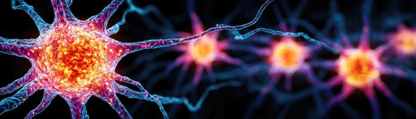 Poster - Neuro logic for adaptive neuron and biological concept. A detailed view of vibrant neurons transmitting signals.