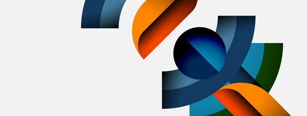 Aufkleber - Abstract design features curved ribbons, sphere. Colors include blue, orange, teal, dark shades. Minimalist composition, modern aesthetic.