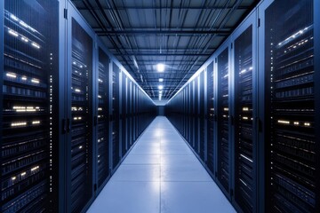 Poster - Data center corridor with rows of server racks illuminated in blue light
