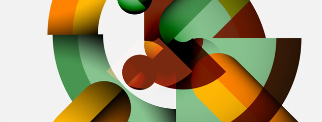 Aufkleber - Abstract geometric composition. Shapes overlap, creating dynamic visual interest. Colors include orange, green, brown, yellow, white. Modern design.