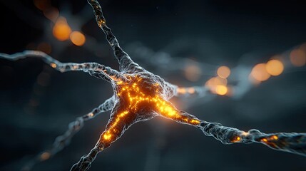 Poster - Neuro logic for adaptive neuron and biological concept. Close-up view of a glowing neuron with intricate details.
