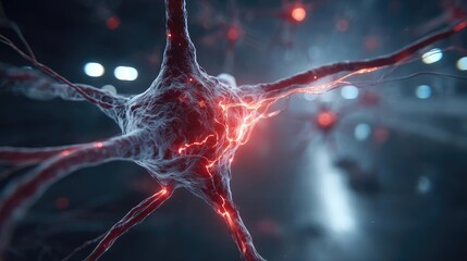 Poster - Neuro logic for adaptive neuron and biological concept. Close-up view of a neuron with glowing connections in 3D.