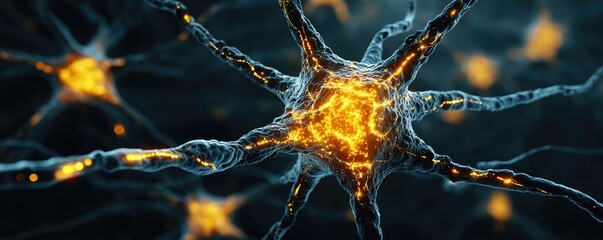 Poster - Neuro logic for adaptive neuron and biological concept. Detailed image of neuron cells with vibrant glowing connections.