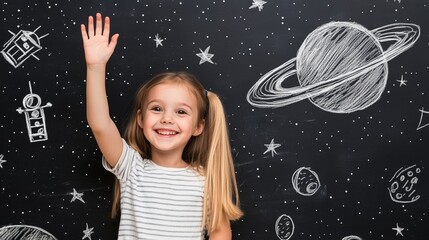 Poster - Portrait of a cheerful schoolgirl raising her hand in front of a blackboard with chalk drawings representing planets, stars and a space station