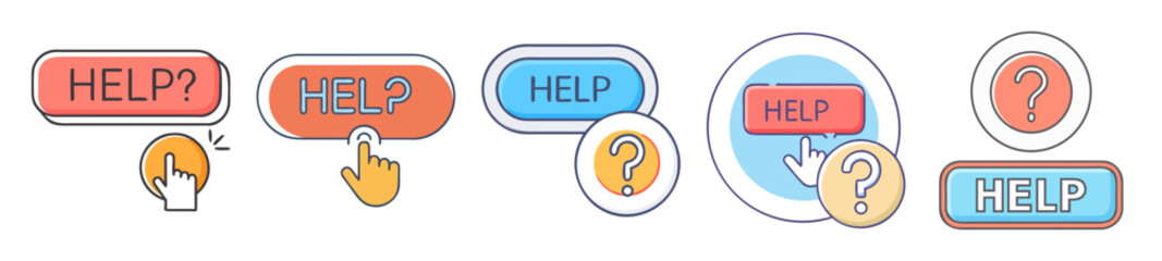 Poster - Different styles of online help and support button with finger pressing