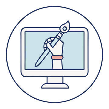 A monitor displaying a hand holding a paintbrush inside a circle on a white background design