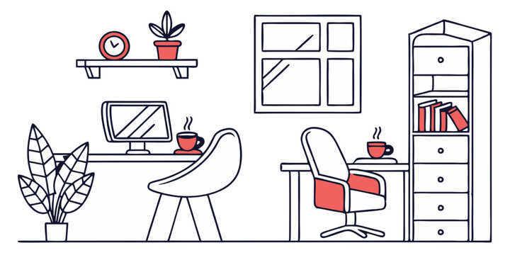 A workspace setup with two desks, chairs, a computer, and a bookcase in a minimalist style room