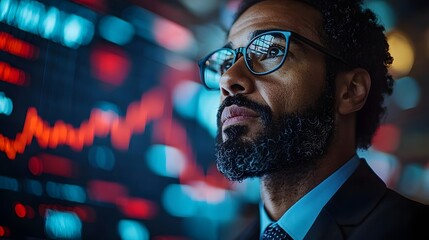 Poster - Confident corporate leader analyzes financial data on a rising market graph