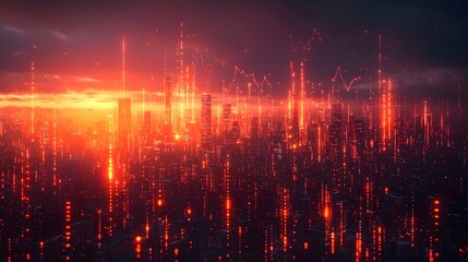 Poster - A digital cityscape with glowing financial graphs representing a booming global economy