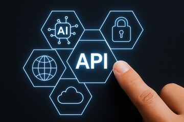 a finger touches an api icon surrounded by hexagons representing cloud computing, security, and ai