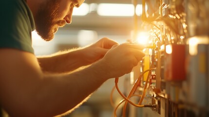 Poster - Technician works on electrical panel during sunset in industrial workshop