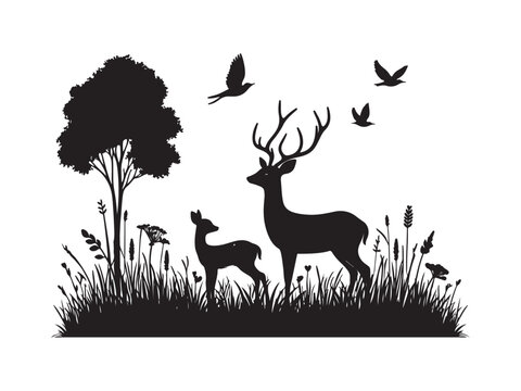 Deer Family Silhouette in Grass, Black and White Wildlife Illustration with Antlered Buck and Fawns