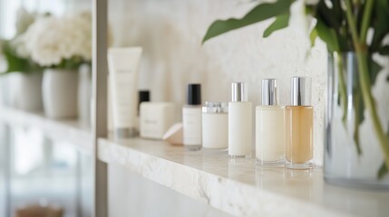 Poster - Elegant display of various scented products on a minimalist shelf in a bright indoor space