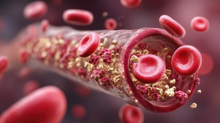 Poster - Low sodium and inactive lifestyle in plaque buildup concept. Detailed illustration of blood flow in the human circulatory system.