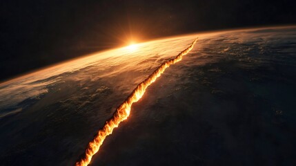 Poster - Dramatic scene of earth's crust splitting open, revealing a fiery chasm of molten lava against a backdrop of a vibrant sunrise viewed from space, symbolizing seismic activity and geological forces