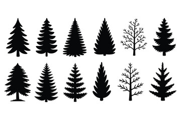 Aufkleber - Collection of pine and fir tree silhouettes isolated on white background
