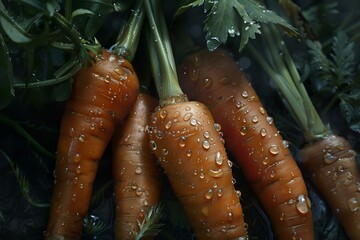 Poster - Close up of freshly harvested carrots, covered in glistening water droplets, showcasing their vibrant orange color and natural beauty