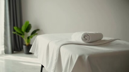 Aufkleber - Sunlight illuminates a pristine white towel resting on a massage table in a contemporary spa center, creating a tranquil atmosphere of relaxation and wellness