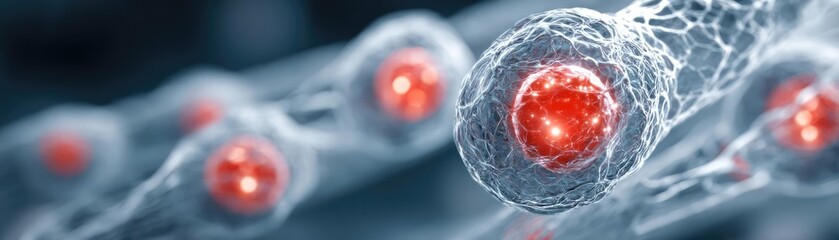 Aufkleber - Low sodium and inactive lifestyle in plaque buildup concept. Close-up view of cells with glowing red nuclei and intricate details.