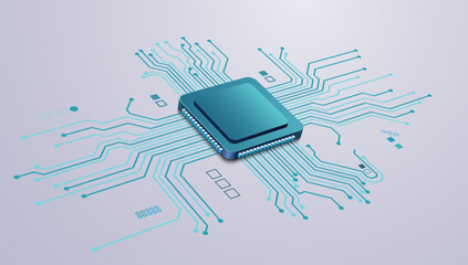 Fototapete - 3D illustration of a microchip processor connected with a digital circuit board, symbolizing technology, computing, electronics, and digital innovation.