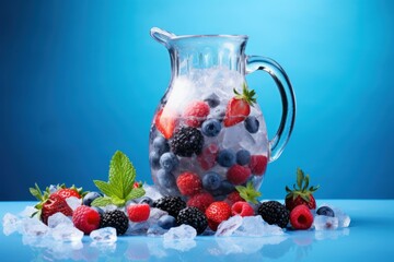 Poster - Glass pitcher full of refreshing summer berries and ice with a blue background
