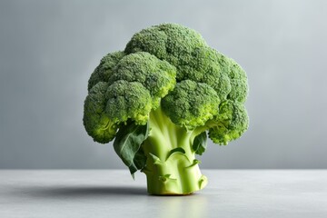 Poster - Fresh, raw broccoli head stands on a gray table, showcasing its vibrant green color and intricate texture, promoting healthy eating habits