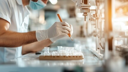 Poster - Scientist conducts experiment in laboratory using precise instruments and glassware during daytime research session