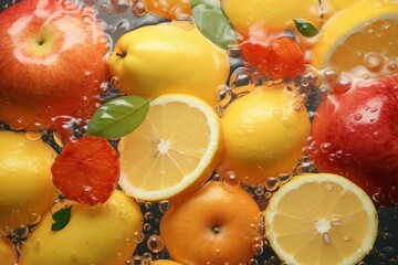 Poster - Ripe citrus fruits and apples floating in bubbly water, creating a refreshing and healthy image