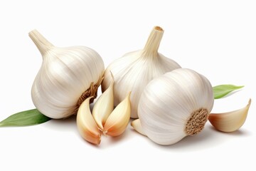 Poster - Two garlic bulbs and cloves with green leaves, creating a simple yet striking image against a white backdrop